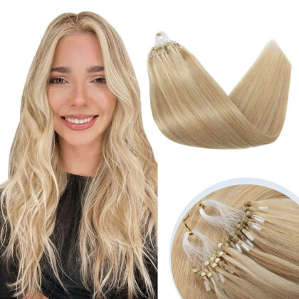 Extensiones de Grapa con Micro Ring tono 18/22# - Mechas Rubio Beige Oscuro y Rubio Platino Cenizo - Cabello Natural 100gr