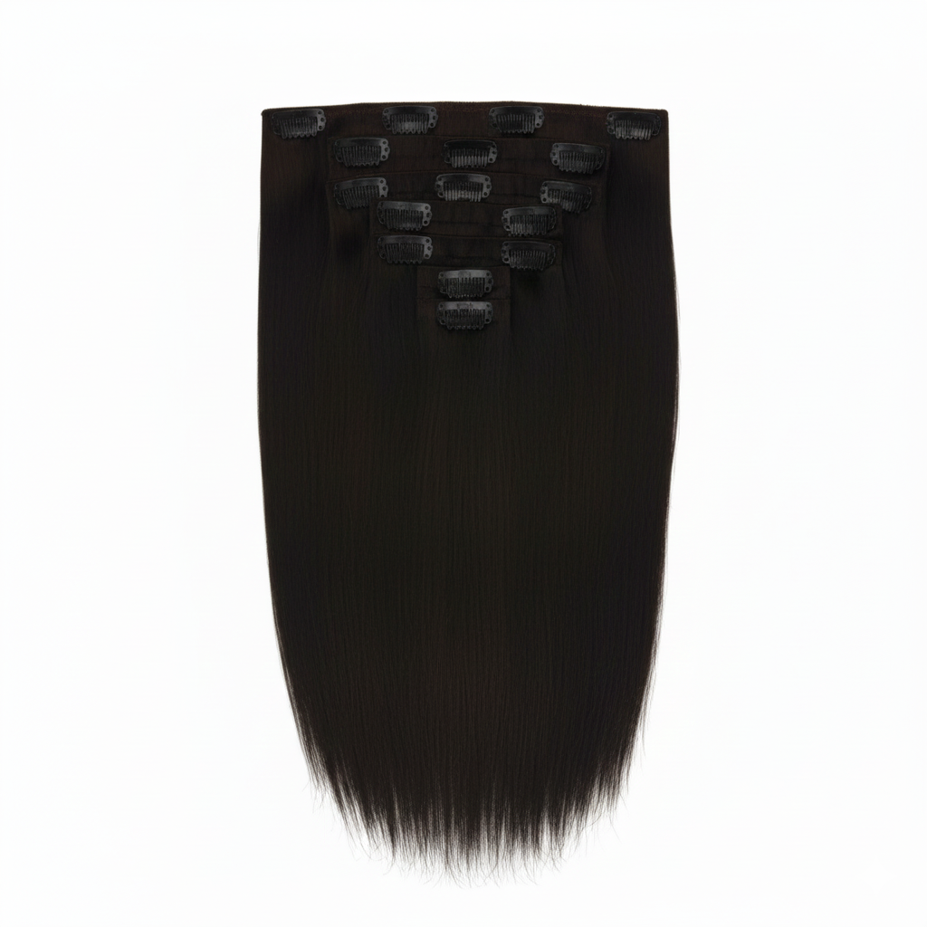 Extensiones de Clip tono 2# - Castaño Muy Oscuro - Cabello Humano 100gr 16 clips 7 piezas