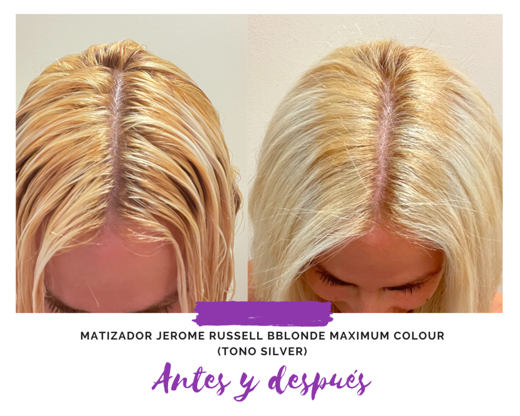 Antes y despue?s matizador Jerome Russell Bblonde Maximum Colour Toner Silver