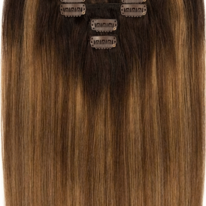 Extensiones de Clip Invisible tono 2/6/2# - Mechas Castaño Claro y Castaño Oscuro - Cabello Humano 100gr 16 clips 7 piezas