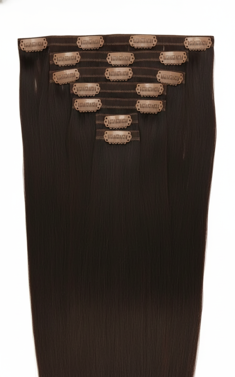 Extensiones de Clip Invisible tono 3# - Castaño Oscuro - Cabello Humano 100gr 16 clips 7 piezas