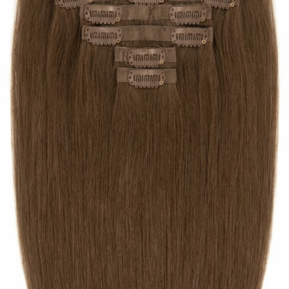 Extensiones de Clip tono 4# - Castaño Medio - Cabello Humano 100gr 16 clips 7 piezas