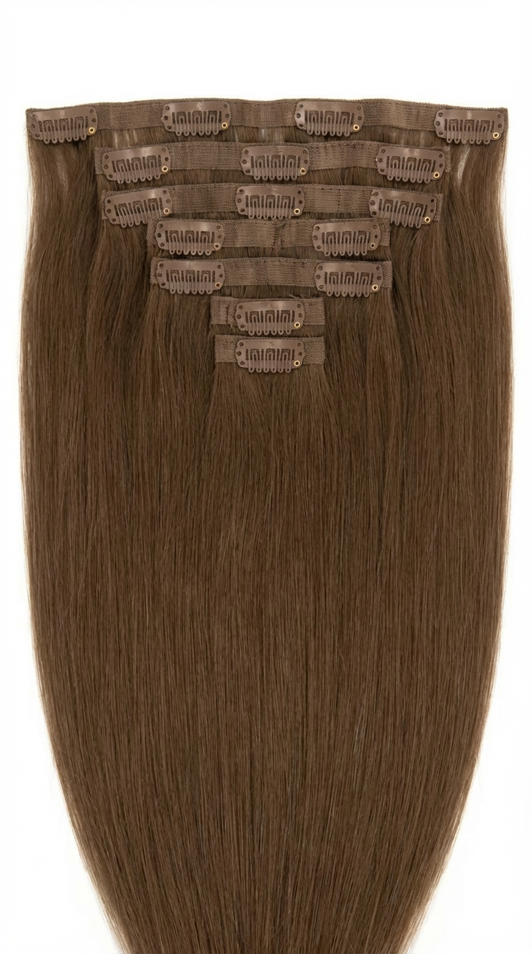Extensiones de Clip tono 4# - Castaño Medio - Cabello Humano 100gr 16 clips 7 piezas