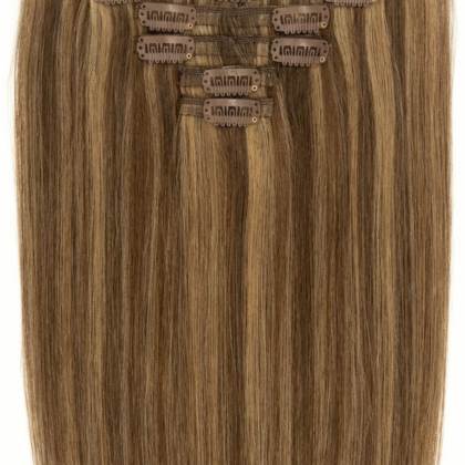 Extensiones de Clip tono 4/26/4# - Mechas Castaño Medio, Rubio Miel Oscuro y Castaño Medio - Cabello Humano 100gr 16 clips 7 piezas