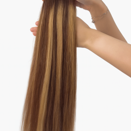 Extensiones de Clip Invisible tono 4/27/4# - Mechas Castaño Medio y Rubio Miel - Cabello Humano 100gr 16 clips 7 piezas