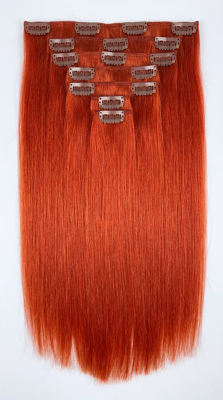 Extensiones de Clip Invisible tono 550# - Rojo Fuego - Cabello Humano 100gr 16 clips 7 piezas
