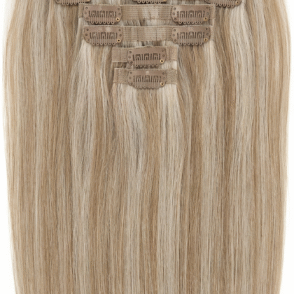 Extensiones de Clip tono 18/22# - Mechas Rubio Beige Oscuro y Rubio Platino Cenizo - Cabello Humano 100gr 16 clips 7 piezas