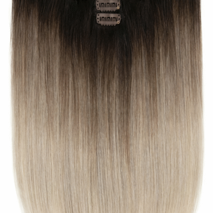 Extensiones de Clip tono T1B/613# - Raíz Negra con Rubio Platino - Cabello Humano 100gr 16 clips 7 piezas