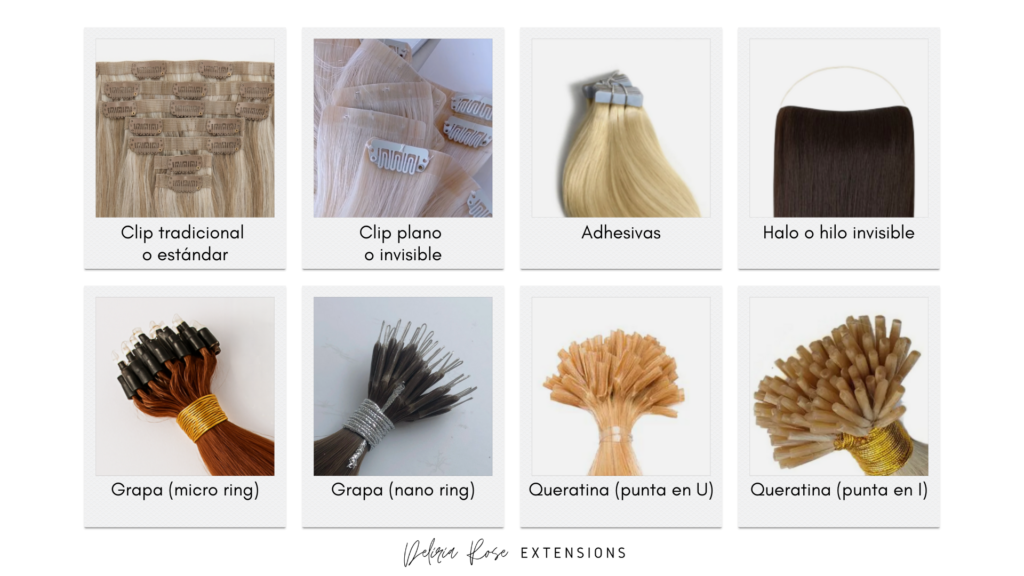 Tipos de Extensiones de cabello - Deliria Rose (Clips, Adhesivas, Grapas, Queratina, Halo)