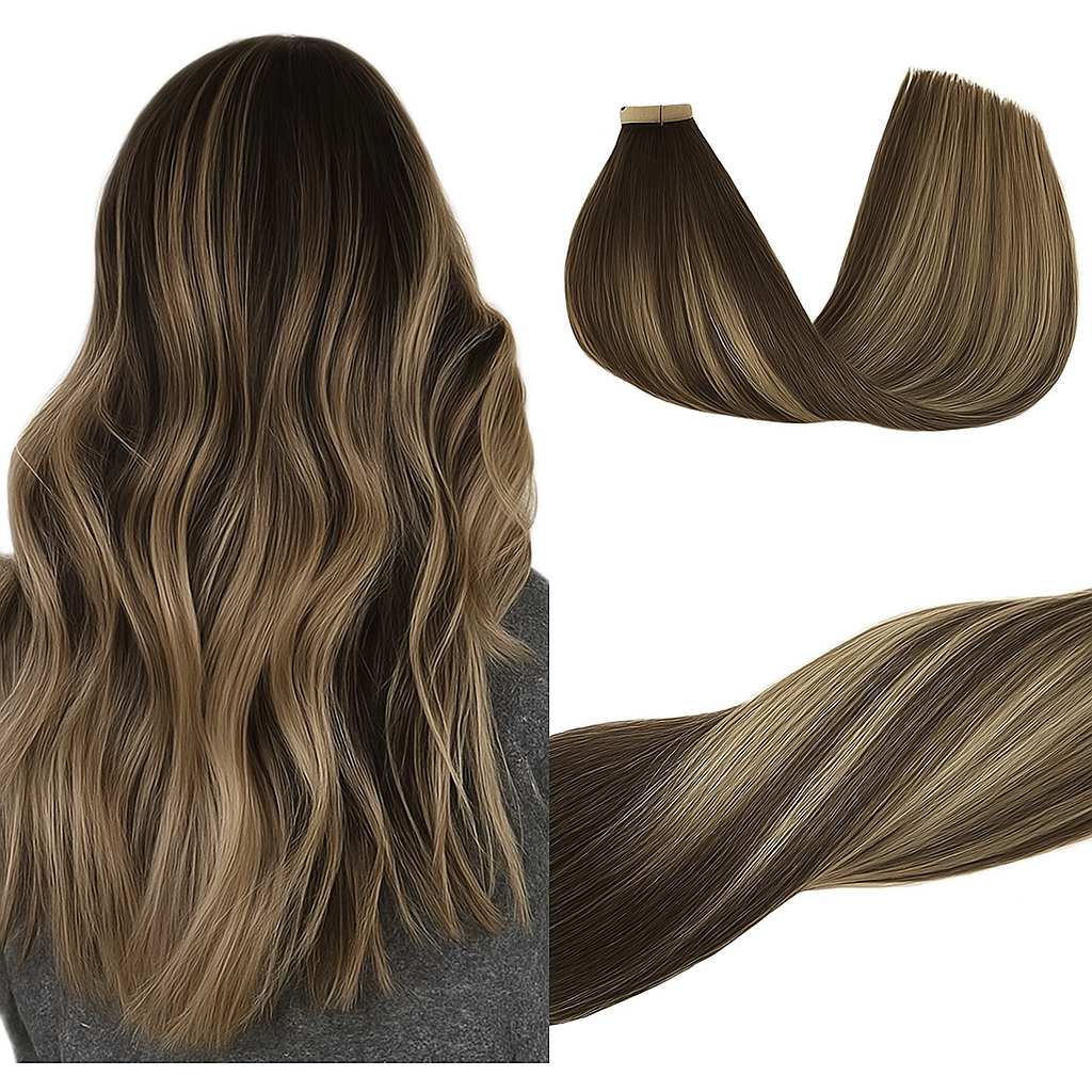 4/27/4# – Mechas Castaño Medio, Rubio Miel Oscuro y Castaño Medio - Extensiones Adhesivas