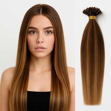 4/27/4# Mechas Castaño Medio, Rubio Miel Oscuro y Castaño Medio - Extensiones Queratina con Punta en U