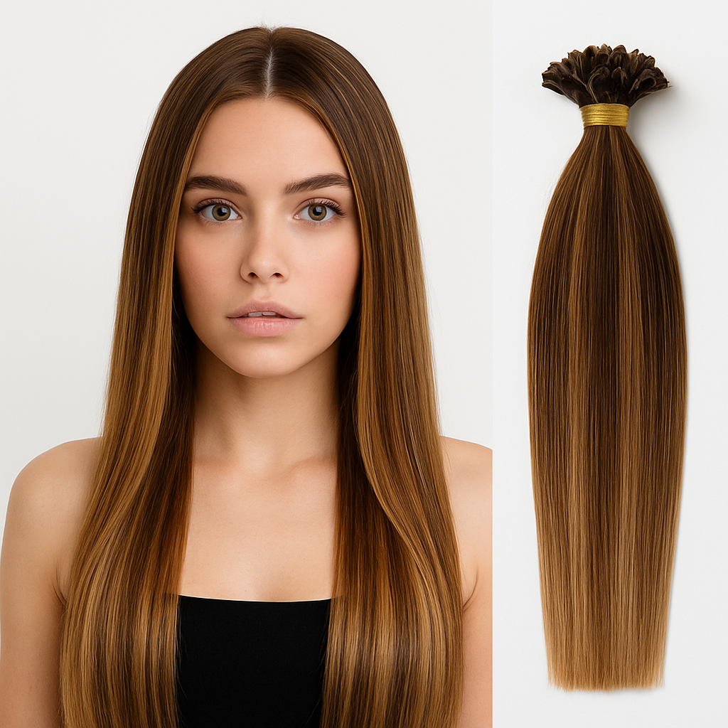 4/27/4# Mechas Castaño Medio, Rubio Miel Oscuro y Castaño Medio - Extensiones Queratina con Punta en U