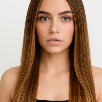 4/27/4# Mechas Castaño Medio, Rubio Miel Oscuro y Castan?o Medio – Extensiones Hilo Invisible - Model front