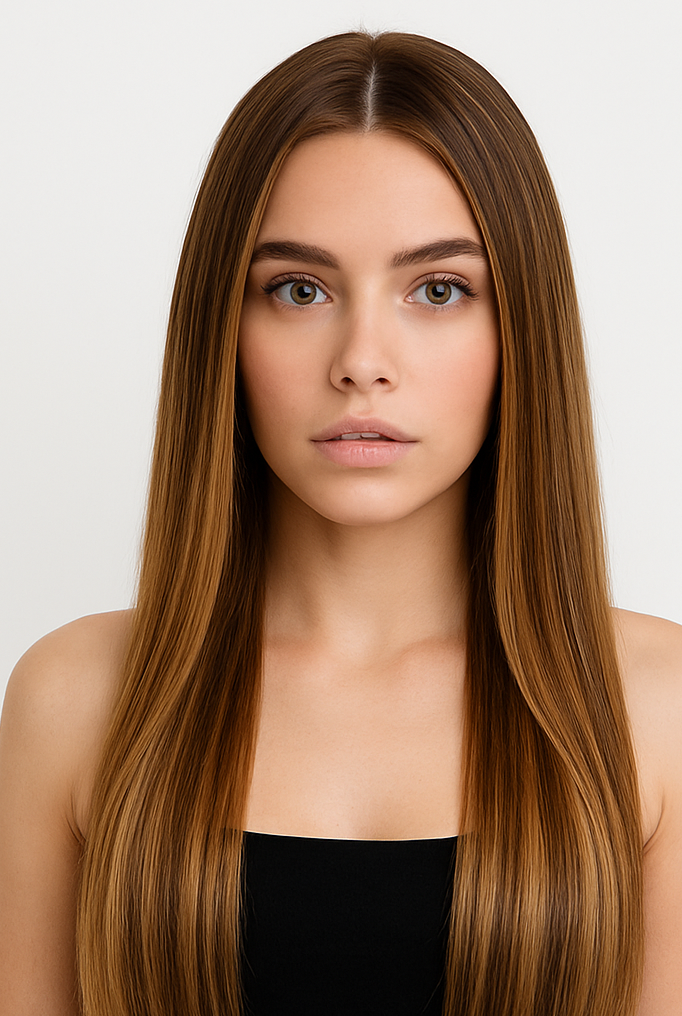 4/27/4# Mechas Castaño Medio, Rubio Miel Oscuro y Castan?o Medio – Extensiones Hilo Invisible - Model front