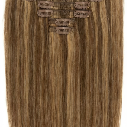 4/27/4# – Mechas Castaño Medio, Rubio Miel Oscuro y Castaño Medio - Extensiones Clip