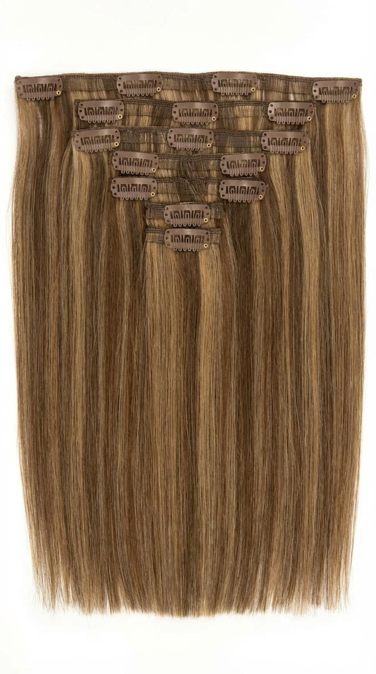 4/27/4# – Mechas Castaño Medio, Rubio Miel Oscuro y Castaño Medio - Extensiones Clip