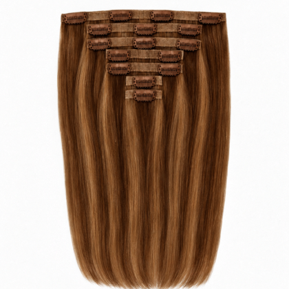 Extensiones de Clip Invisible tono 10/4# - Rubio dorado oscuro y castaño medio - Cabello Humano 100gr 16 clips 7 piezas
